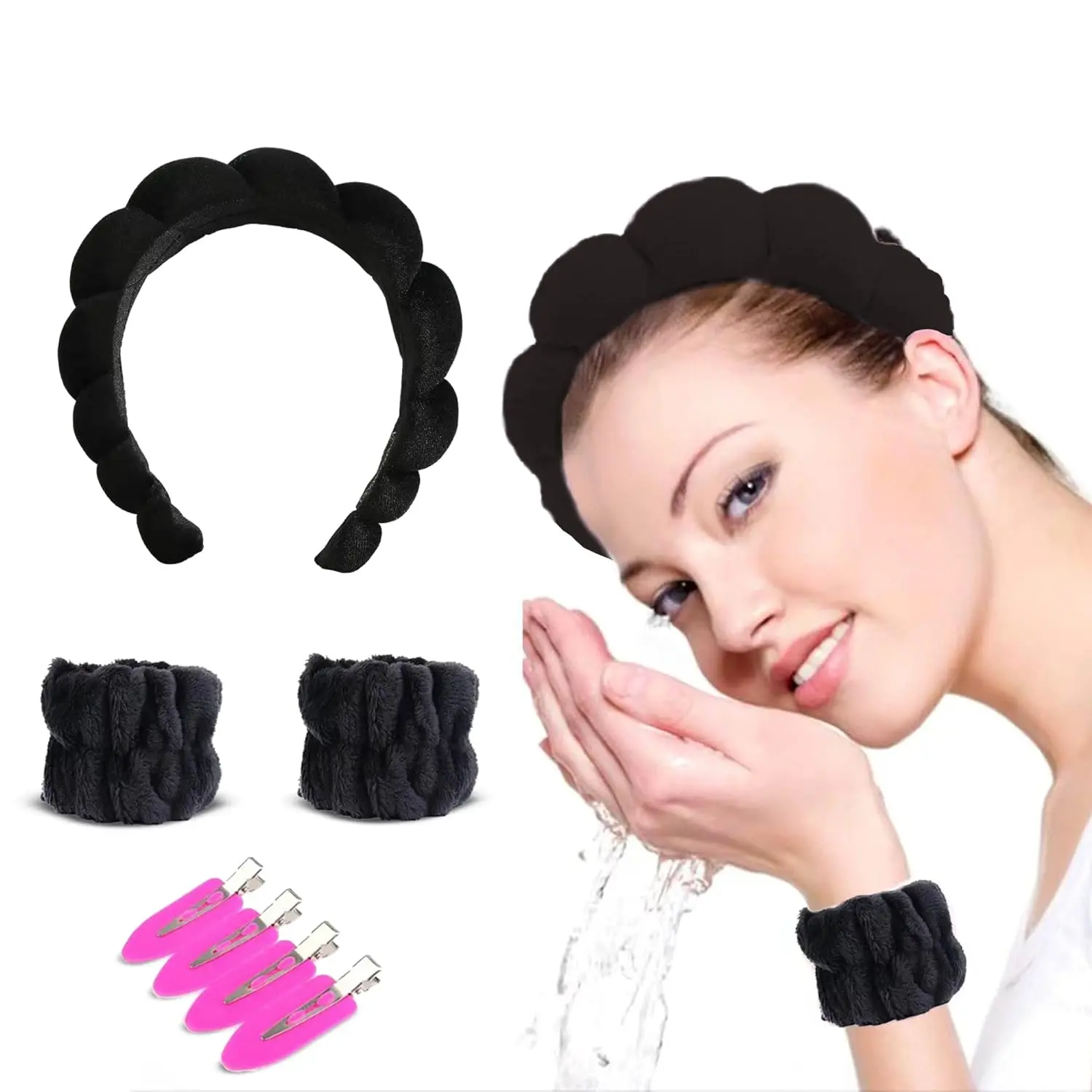 Soo slick Women's Terry Cloth Skincare Headband Set - 7-Piece Female Fashion Hair Accessories with Stainless Wrist Scrunches and Hair Clips for Spa Use