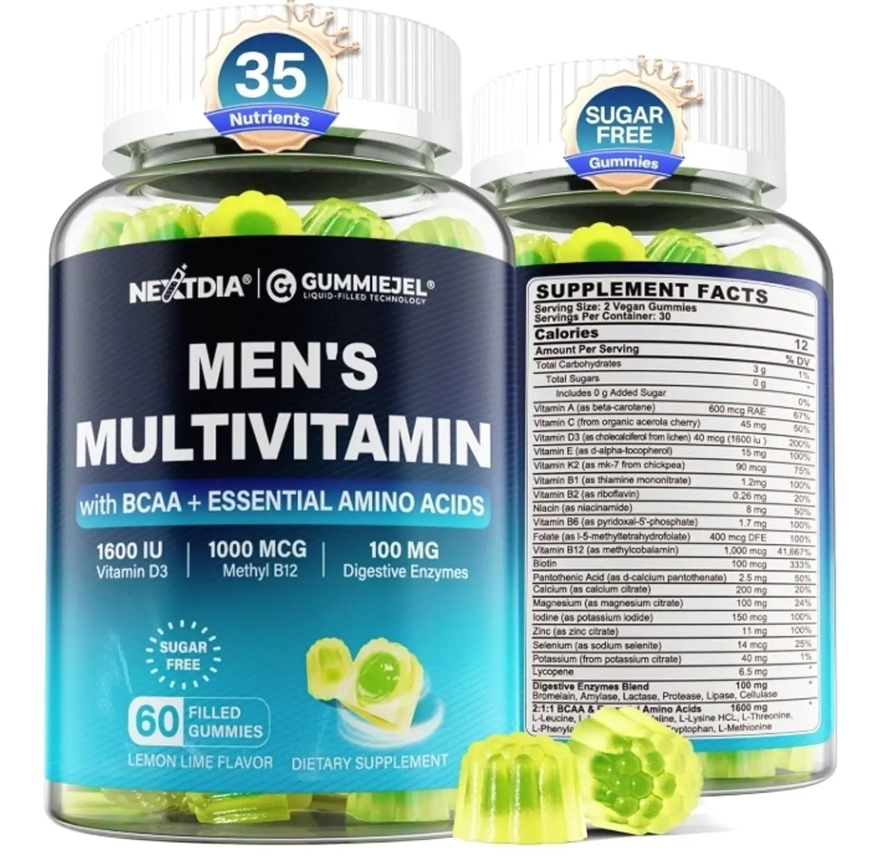 Methylated Multivitamin for Men Gummies, BCAA Amino Acids, Zinc, Daily Vitamin A C D3 E K2 B Complex, Calcium, Magnesium, Lycopene, Digestive Enzymes - Energy, Immune, Muscle- Sugar Free, Vegan, 60Cts