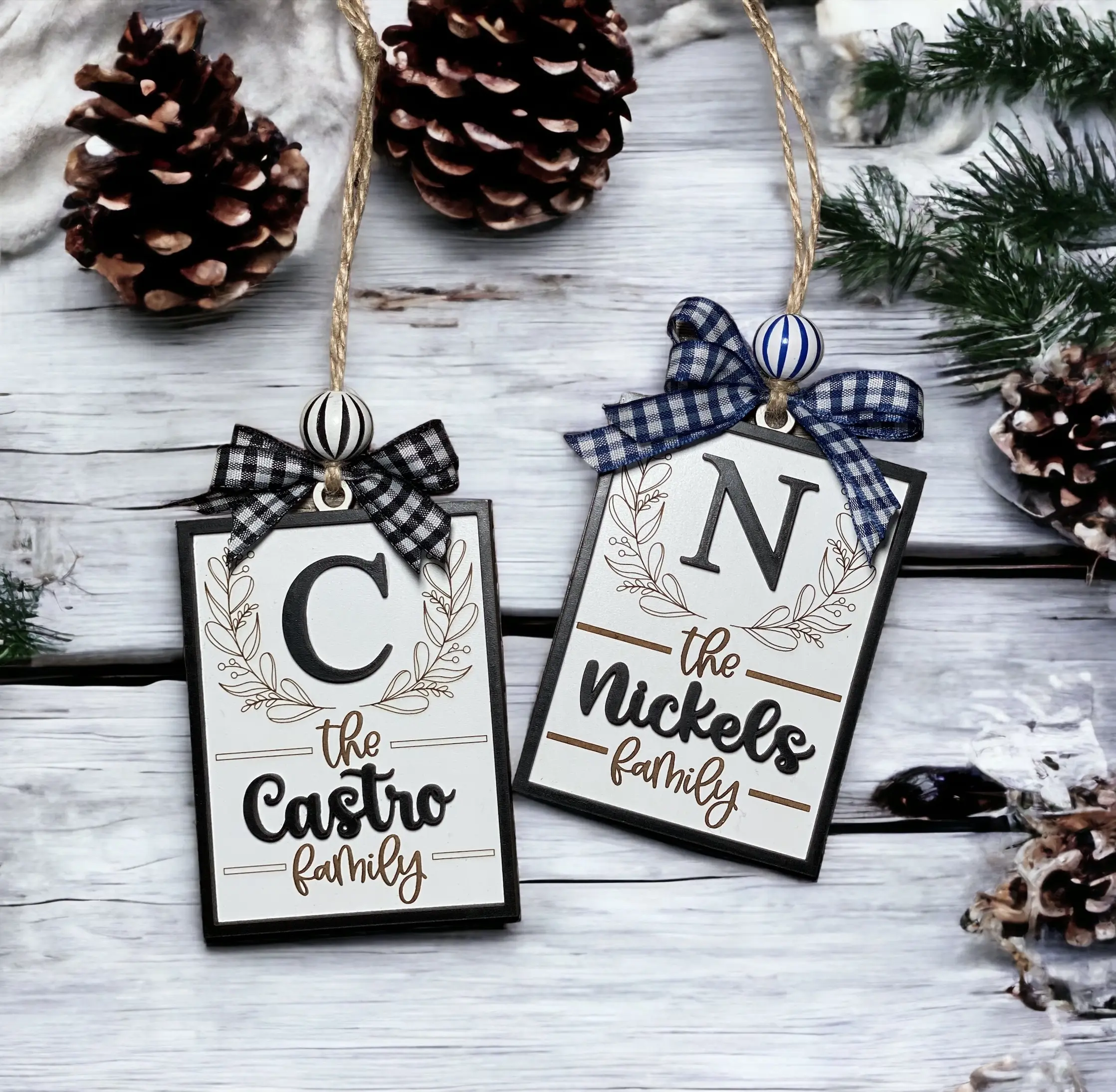 Personalized Family Name with Initial Ornament | Farmhouse Christmas Tree Decorations | Housewarming Wedding Gift | Realtor Closing Gift