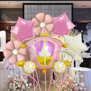 Fantasy Castle Carriage and Carousel-Themed Castle, Flowers, and Stars Aluminum Foil Balloon Set—Perfect for wedding and children’s birthday party decorations, ideal as a backdrop for birthday party photo sessions and to create a festive atmosphere