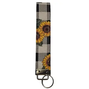Sunflower Black and White Checkered Keychain Wristlet, Cute Key ID Badge, Wallet, and Key Holder