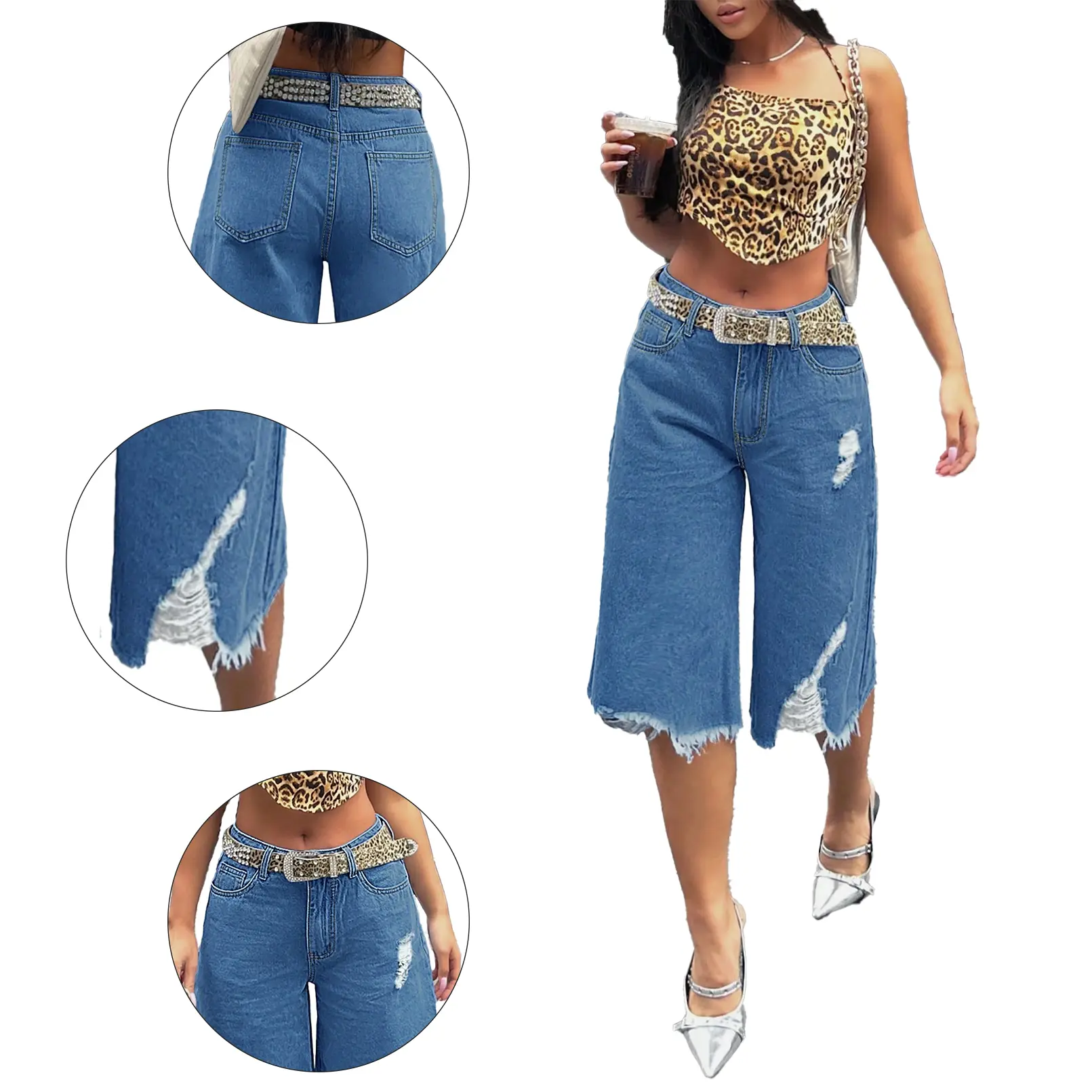 Women's High Waisted Distressed Wide Leg Denim Culottes Shorts - Ripped Fringe Hem Jean Shorts with Y2K Streetwear