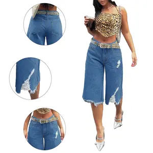Women's High Waisted Distressed Wide Leg Denim Culottes Shorts - Ripped Fringe Hem Jean Shorts with Y2K Streetwear