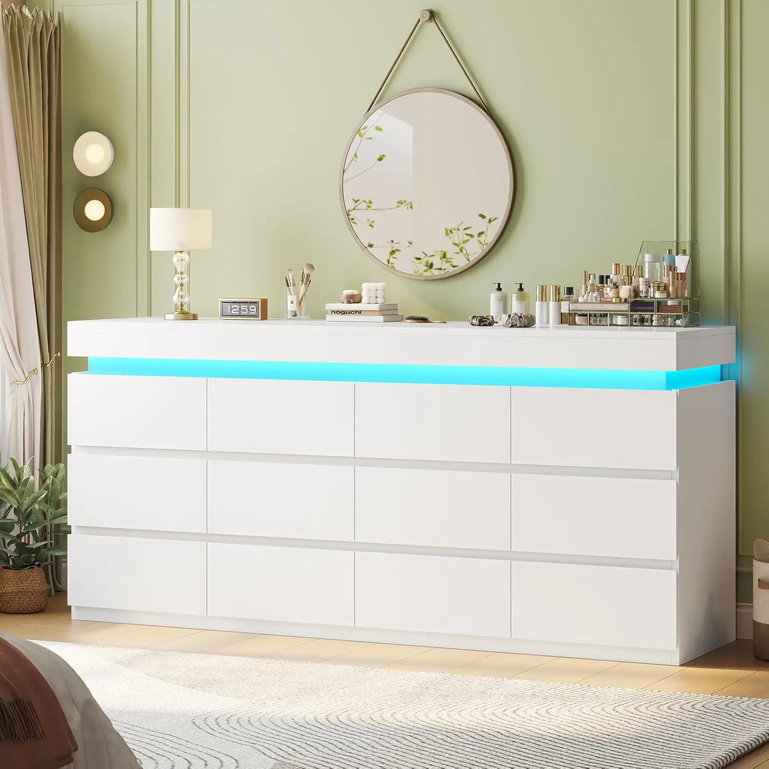HAUOMS 12 Drawer Dresser with LED Light, White Modern Chest of Drawers for Bedroom,Long Dressers with Drawers for Living Room, Entryway, Hallway