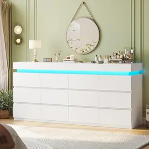 HAUOMS 12 Drawer Dresser with LED Light, White Modern Chest of Drawers for Bedroom,Long Dressers with Drawers for Living Room, Entryway, Hallway