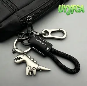 Dinosaur Metal Keychain With Leather Braided Rope, Durable Bag Charm And Car Key Holder, Stylish Men's Accessory, Versatile Pendant For Backpack, Motorcycle, Daily Carry And Gifting