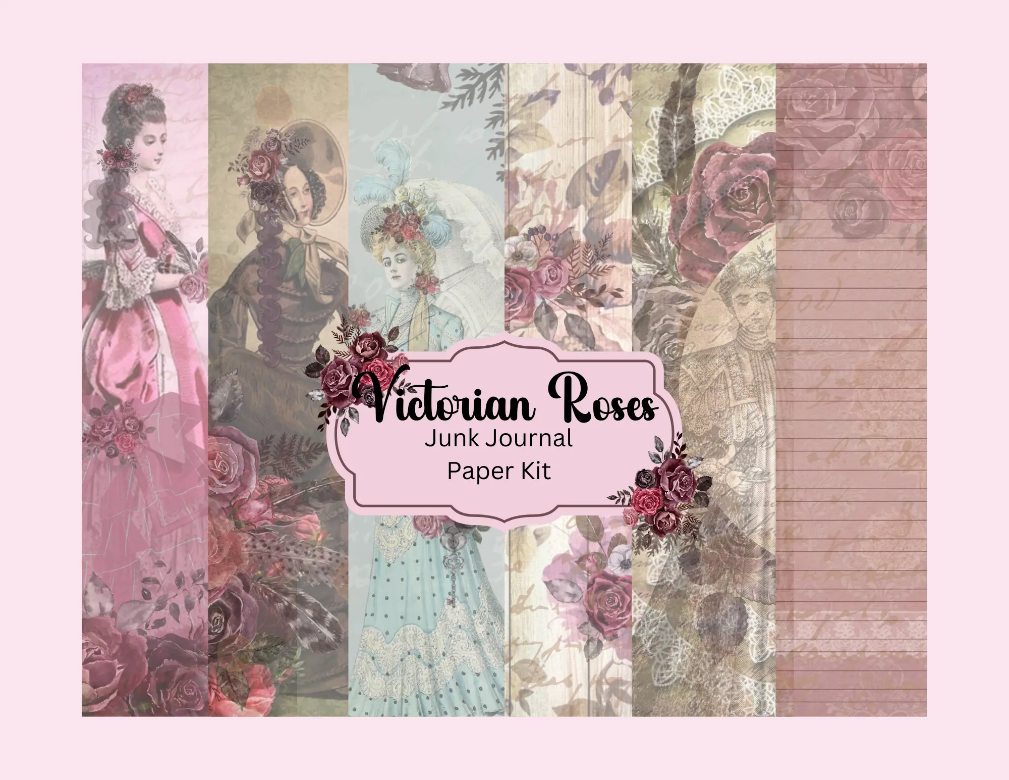 Junk Journal Kit - Victorian Roses with 13 Backgrounds, 6 Ephemera Pages & High-Quality Images for Crafters and Scrapbookers