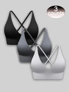 1/3 Counts Women's Back To School Solid Criss Cross Wireless Sports Bra, Strappy Sports Bra, Adjustable Shoulder Straps with Detachable Chest Pad, Two ways of wearing, Pushbra, Seamless Bras