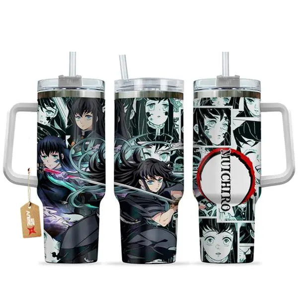 WexAnime - 40oz Muichiro Insulated Portable Beverage Flask - Double-Wall Vacuum Stainless Steel, Anime Design, Washable Leakproof Straw Lid with Black & White Cap & Handle, 12H Hot/24H Cold Retention, Valentine Gift Drinkware, Flasks