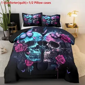 Gothic Blue Skull Flower Print Quilt Set, Bohemian Sketch Style, Four Seasons Dark Theme, 3 Piece (quilt + Pillowcases)