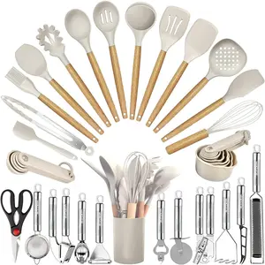 Kitchen Utensils Set- 35 count Cooking Utensils with Grater,Tongs, Spoon Spatula &Turner Made of Heat Resistant  Grade  and Wooden Handles Kitchen Gadgets Tools Set for Nonstick Cookware