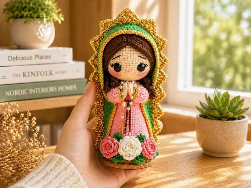 Handmade Virgin Mary Crochet Doll with Rosary, Our Lady Catholic Statue, Prayer Room Decor, Religious Gift for Her. !!!