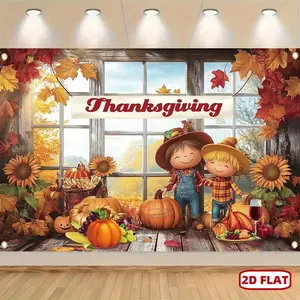 1PC,2D Flat Banner Thanksgiving Theme Backdrop, Autumn Harvest Pumpkins, Maple Leaves, Cartoon Characters Scene, Party Decoration, Photography Background Curtain, Festival Atmosphere Arrangement Prop