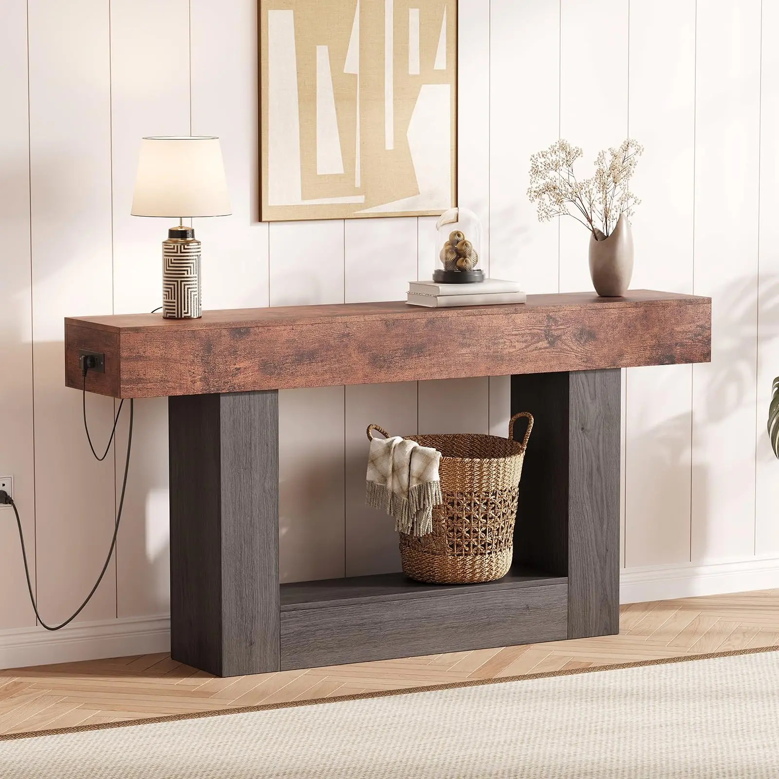 Garvee 63 in Farmhouse Entryway Table with Storage & Charging Station 2 Tier Narrow Wooden Console for Hallway Entrance Foyer Living Room Brown Grey Finish