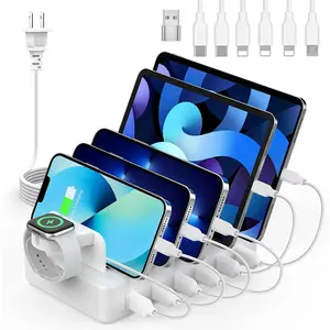 Station for Multiple Devices, 50W 6 Ports  Dock with 6 Cables Compatible with Cellphone,Tablet, Kindle,  Watch and Other