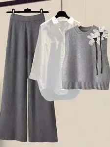 Women's Fashion Feminine Sweater Set, 3-Piece Casual Polyester Floral Knitwear, Cardigans with Bow Details, Long Sleeves, Crewneck, Fitted, Fall Winter Elegance, Outfit, Clothes