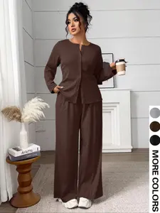 Plus Size Women's Autumn Winter Two-Piece Set Basic Casual Long Pants Suit, Loose-Fit Moderate Fabric, Summer Style, Long Sleeve, Casual Wear