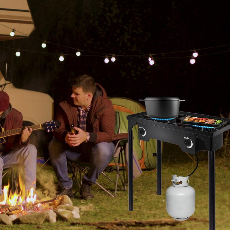 2 Burner Propane Gas Stove for Outdoor Cooking, 150,000 BTU Camping Cooker with Removable Legs, Temperature Control Knobs for Backyard Cooking, BBQ, Baking and Frying