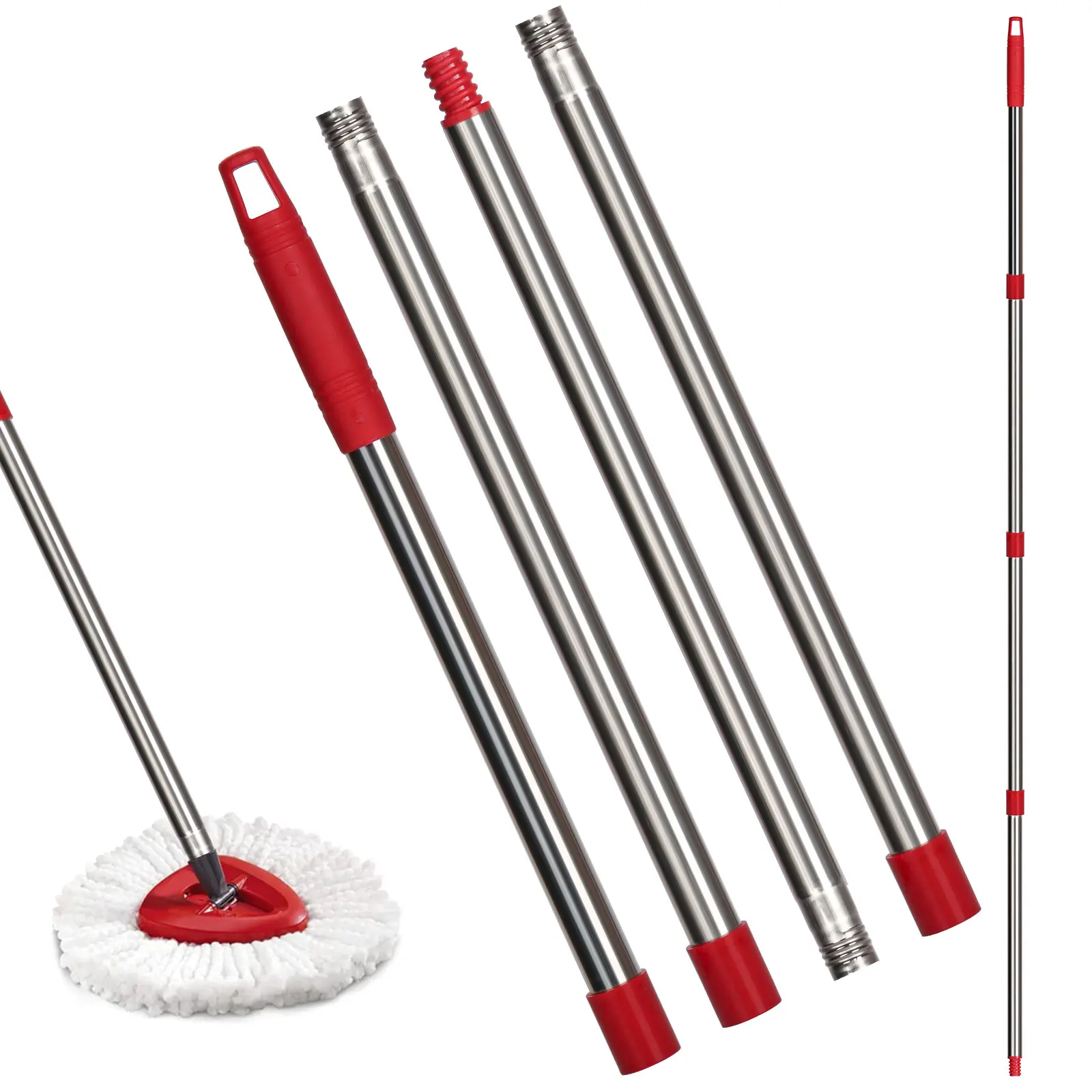 Stainless Steel Silver 4-Section Adjustable Durable Sturdy Extended Mop Replacement Handle, Plastic-Enhanced Removable & Washable Corner Cleaning Kitchen Mop Handle (Wine Red)