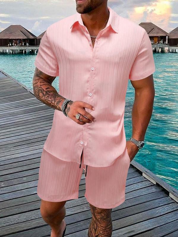 Two-Piece Set Men's Regular Fit Solid Textured Short Sleeve Shirt & Shorts, Casual Summer Set for Men, Mens Clothes for Beach Vacation Two-Piece Set Men's Regular Fit Solid Textured Short Sleeve Shirt & Shorts, Casual Summer Set for Men, Mens Clothes for Beach Vacation
