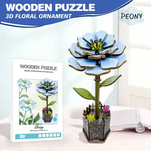 3D Flower Wooden Puzzles for Adults - Peony, Mothers Day DIY Wooden Flowers Model Kit Building Set Crafts Gifts, Artificial Botanical Collection Creative Gift Ideas/Housewarming (74 Pieces),Holiday Gift,Pink&Blue,Summervibes