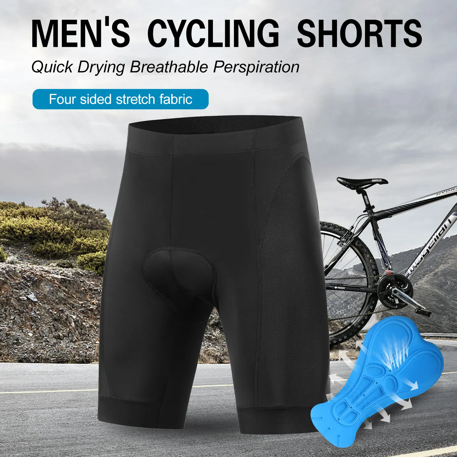 Men’s cycling shorts—essential for riding—with stretchy fabric, breathable sweat-wicking quick-dry material, an elastic pressure-relief breathable seat cushion design, and reflective stripes on the back; suitable for road cycling, mountain biking, and out