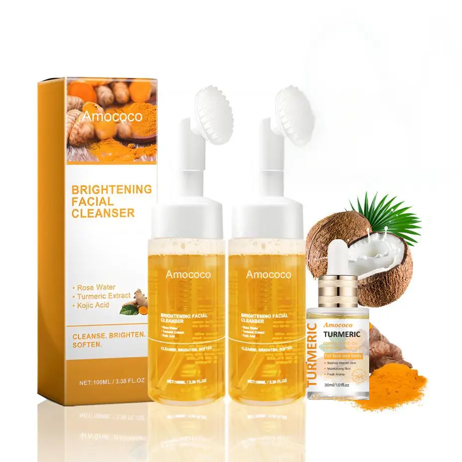 Amococo Turmeric Facial Cleanser Essence Oil Brightening Set - 100ml & 30ml - Rose Water Kojic Acid Moisturizing Skincare for Face & Body Comfort Cleansing