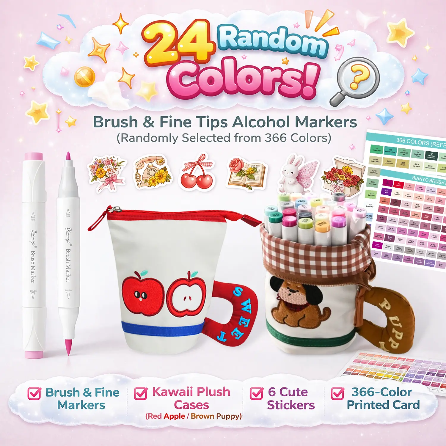 Bianyo 24-Color Brush & Fine Tips Alcohol Marker Set (Randomly Selected from the Full Set ), with Kawaii Plush Case (Red Apple / Brown Puppy), Includes 6 Stickers & 366-Color Printed Swatch Card