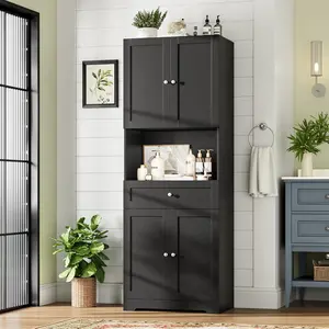 Tall Freestanding Bathroom Storage Cabinet, Modern Linen Style Organizer with 4 Doors, Multiple Shelves and Practical Drawer, Multipurpose Tall Storage Furniture, Suitable for Bathroom, Living Room, Kitchen, Dining Room and Pantry, Space-Saving Home Stora