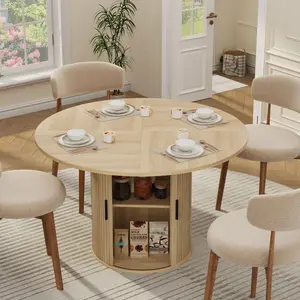 47“ Round Dining Table for 4, Kitchen Wood Table Dinner Table with 2-Layer Storage Shelf and Slide Door for Home Dining Room Living Room