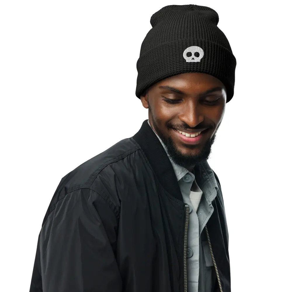 ETiR Skull Black Waffle Beanie - 3D Embroidered Richardson Honeycomb Weave Beanie