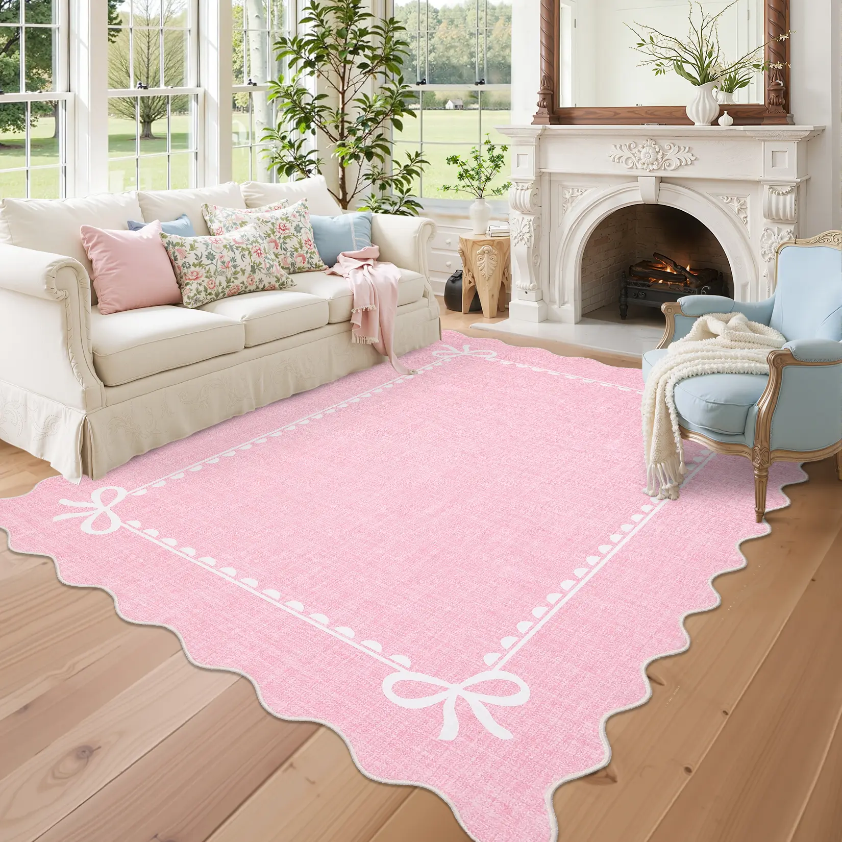 Machine Washable Scalloped Rugs for Living Room Girls Bedroom, Non Slip Non Shedding Bow Print Soft Nursery Rugs Large Ultra Thin Throw Carpet for Dining Room Playroom