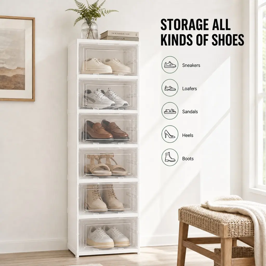 Stackable fold dustproof shoe box front open clear door slim entryway rack multi tier high heel sneaker storage cabinet 5