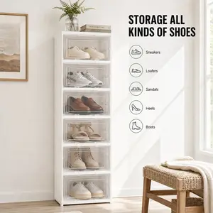 Stackable fold dustproof shoe box front open clear door slim entryway rack multi tier high heel sneaker storage cabinet 5