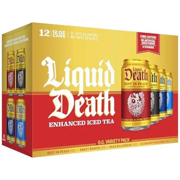 Liquid Death Iced Tea - O.G. Variety, Less Sugar*, Boost of Caffeine, B Vitamins, No Artificial Sweeteners, 4 Flavors: Tea/Lemonade, Rest in Peach, Sweet Reaper, Blueberry Buzzsaw, 12 Fl Oz (Pack of 12)