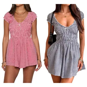 Women Loose Playsuits Plaid Front Bowknot Short Sleeve Rompers Summer Short Jumpsuits Streetwear Casual