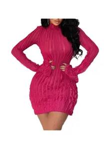 New High Neck Long Sleeve Cuff Slit Solid Color Dress Slim Sexy Bodycon Professional Work Office Wear