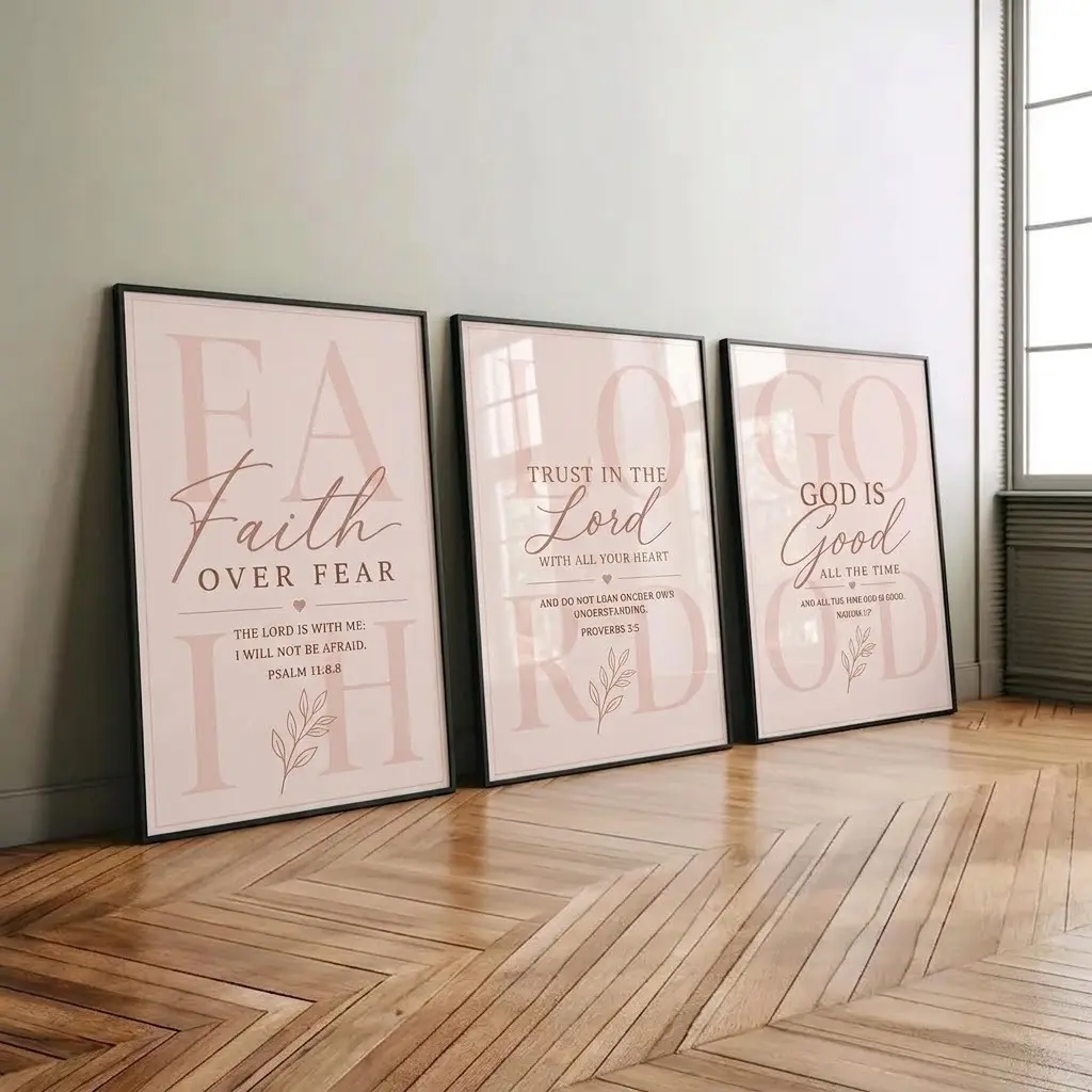 3-Piece Pink Christian Unframed Wall Art Posters, Bible Verse Prints - Faith Over Fear, Trust in the Lord, God is Good Feminine Home Decor