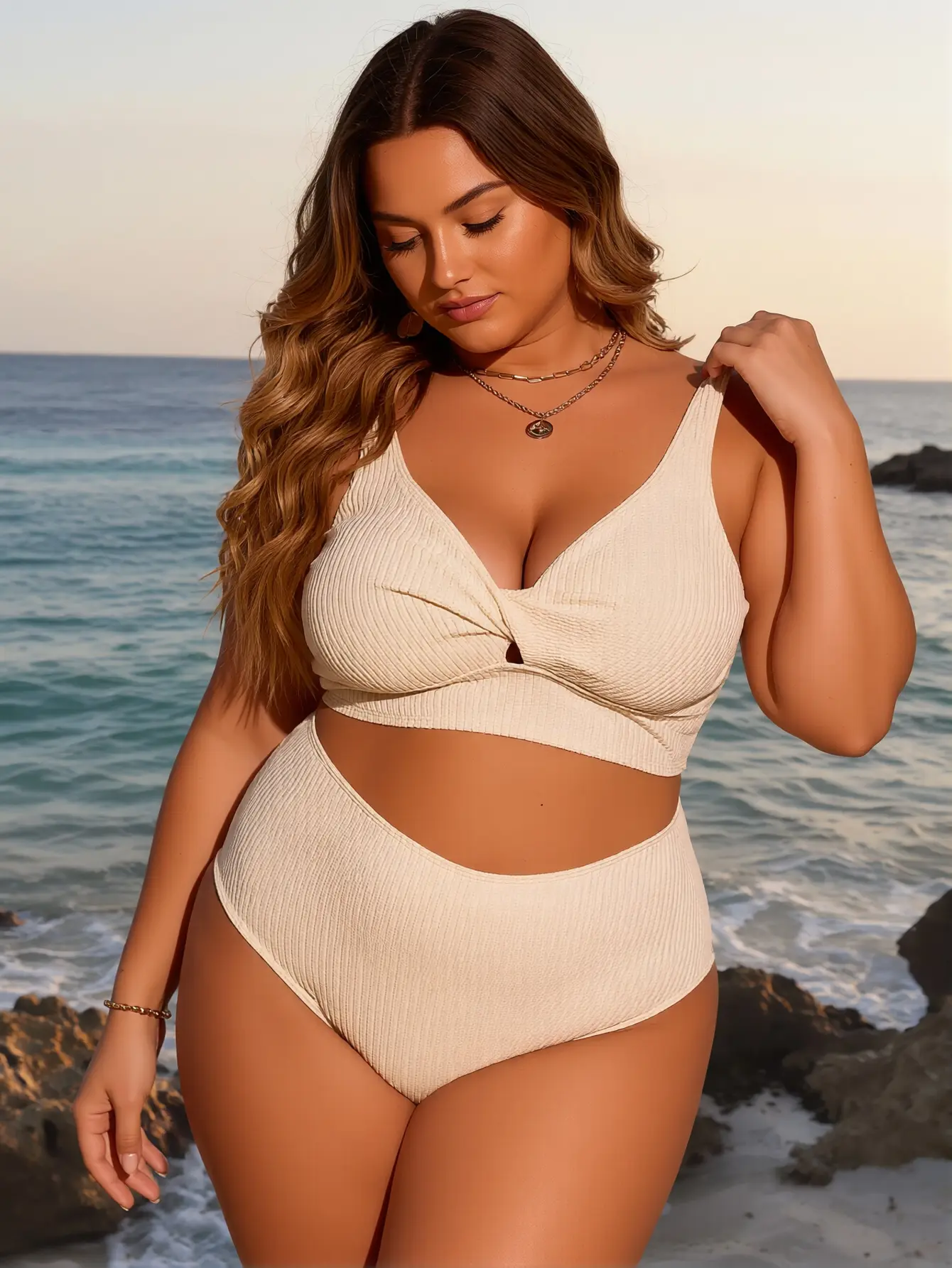 Women's High Stretch Nylon Ribbed Twist Front Bikini Set - High Waisted Adjustable Swimsuits with Tummy Control, True-to-Size Curvaceous Water-Side Bikini Sets for Beach Use