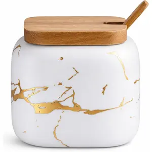 Marble Ceramics Sugar Bowl Ceramic Seasoning Box Ceramic Spice Jars Porcelain Condiment Pots with Lid and Spoon (White)