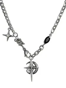 Grunge Style Star Moon Pendant Necklace, Silver Color Gothic Chain, Y2K Aesthetic Unisex Jewelry, Fashionable Accessory for Men and Women