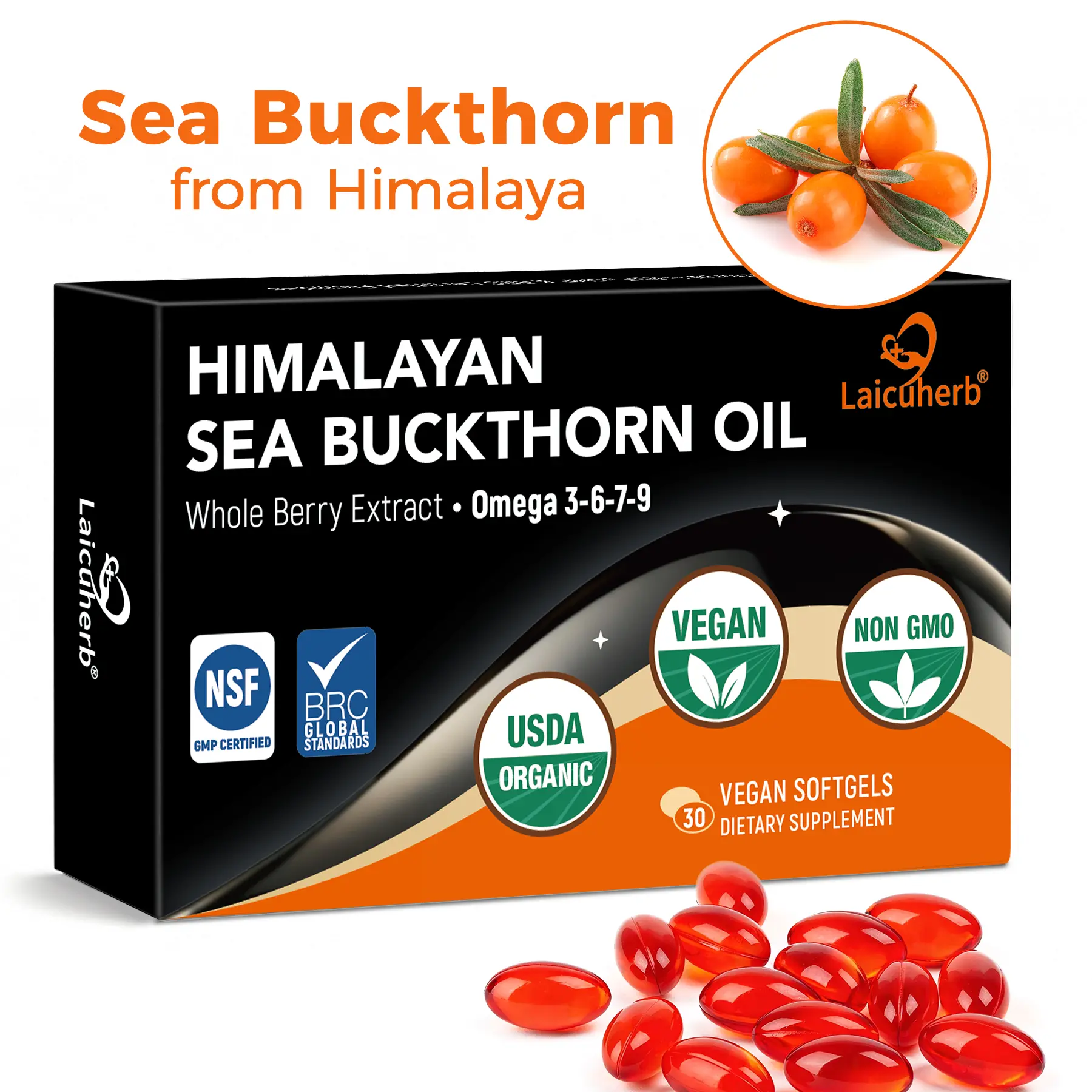 Laicuherb Organic Sea Buckthorn Oil for Brain, Skin & Immune, 1000mg Per Serving Omega 7-3-6-9 Supplements for Adults, USDA 30 Veggie Softgels Whole Berry Sea Buckthorn Oil Non-GMO, Gluten-Free