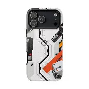 White Orange Cyber Tech Phone Case, Futuristic Hacked Graphic Tough Case for iPhone 13 14 15 16 17 Samsung S21 S22 S23 S24 S25 S26, Glossy Protective Sci Fi Techwear Cover Gift For Men Women