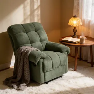 Overstuffed Manual Recliner Chair with Ergonomic Support & Padded Footrest, Soft Fabric Lounge Seating for Living Room, Home Theater & Reading