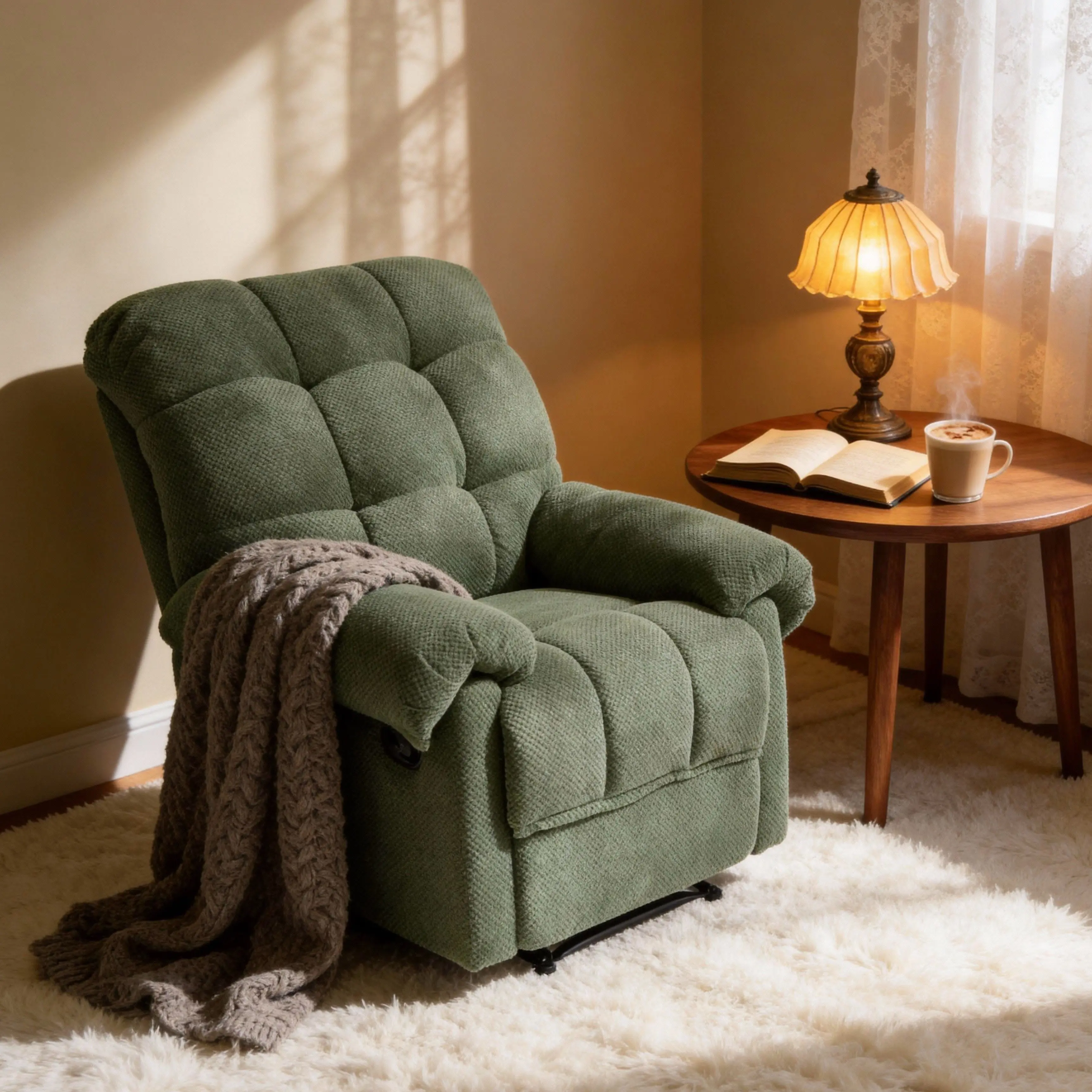 Overstuffed Manual Recliner Chair with Ergonomic Support & Padded Footrest, Soft Fabric Lounge Seating for Living Room, Home Theater & Reading