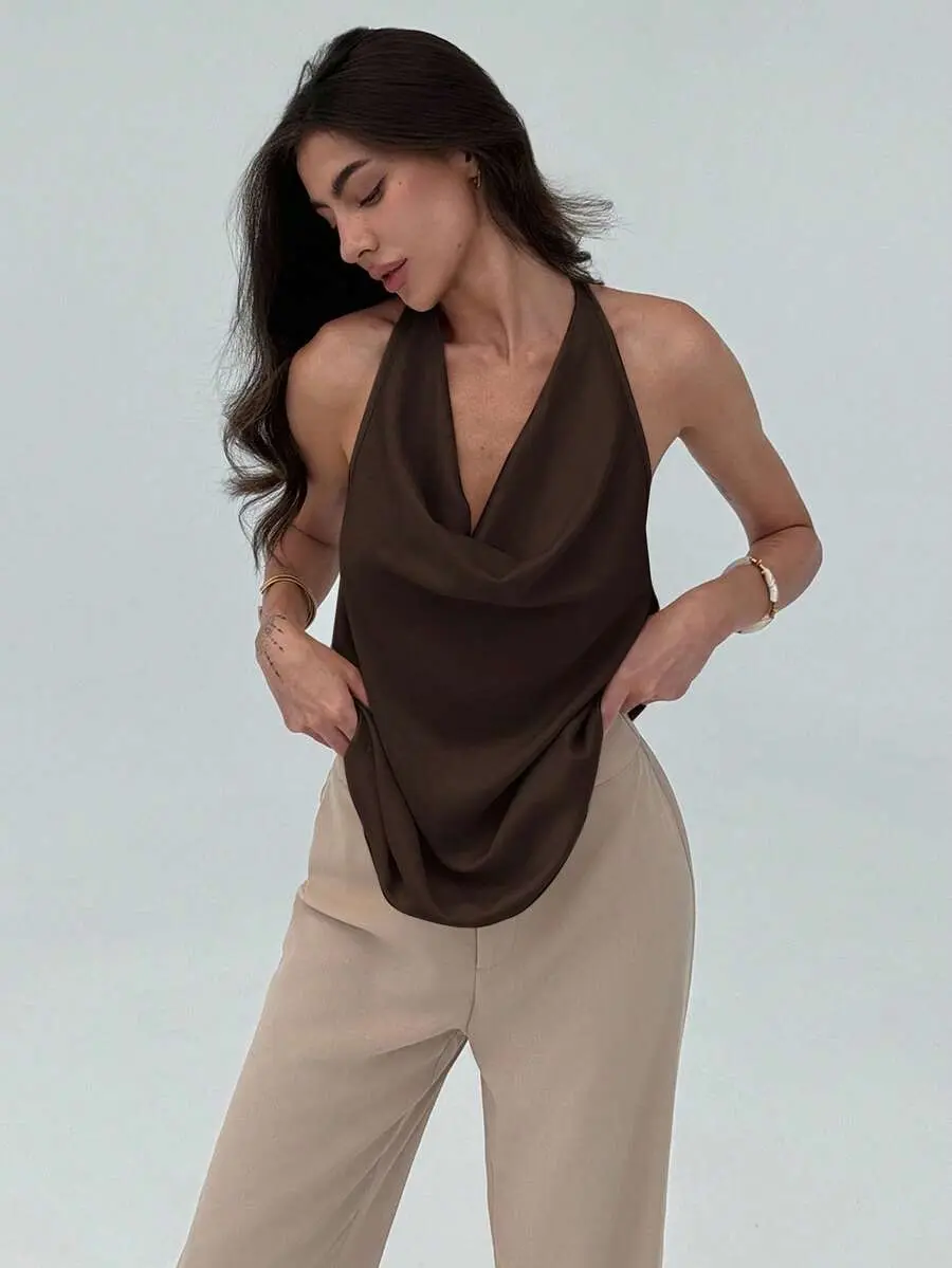 Minimalist Commuter Halter Chic Plunging Neckline Fitted Camisole For Women,Dark Brown Top Date Night Summer
