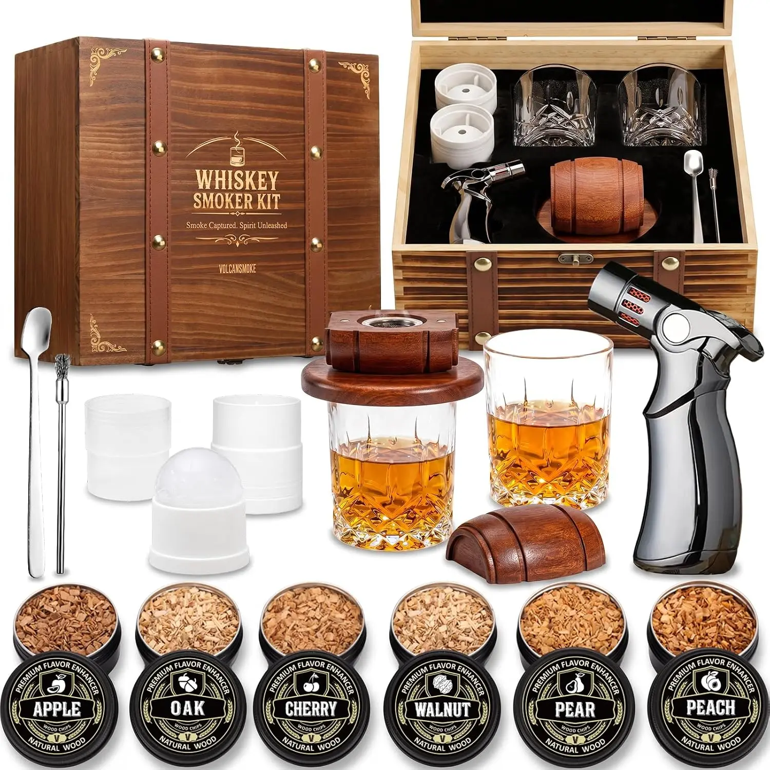 Barrel Shaped Old Fashioned Cocktail Whiskey Smoker Kit with Torch (No Butane), Vintage Wooden Gift Box with Foam Lining, 6 Natural Wood Chips, Home Bar Decor, Backyard Party, Housewarming, Father’s Day, Birthday, Christmas Bourbon Gift for Dad, Husband