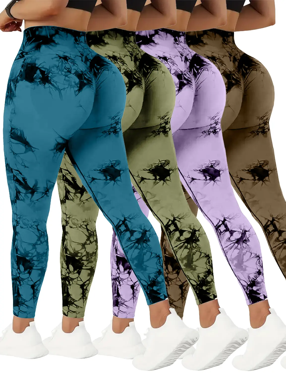 Women's QGU Tie-Dye Long Sports Leggings 4-Piece Set - Ideal for Sports, Outdoor Activities yoga pants