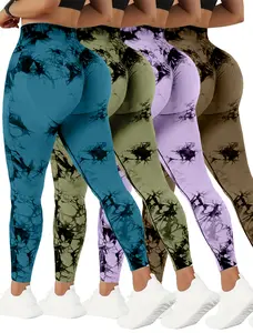Women's QGU Tie-Dye Long Sports Leggings 4-Piece Set - Ideal for Sports, Outdoor Activities