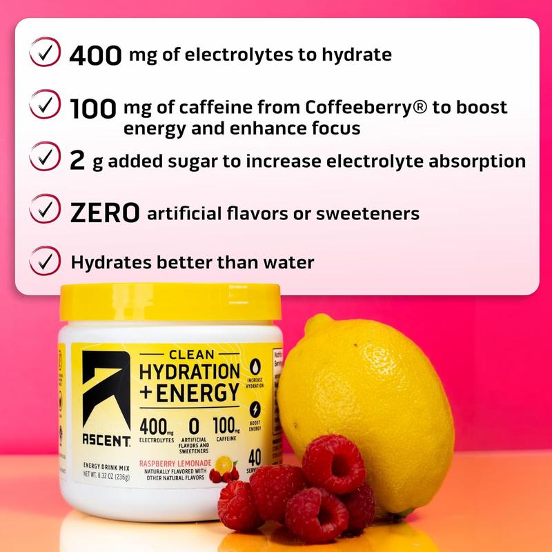Clean Hydration and Energy Electrolyte Powder with 100mg Caffeine and 400mg Electrolytes, No Artificial Ingredients, Raspberry Lemonade, 40 Servings